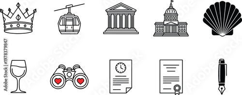 Crown, Cable Car, Government Buildings, Capitol, Shell, Wine Glass, Love Birds, Document, Certificate and Fountain Pen Icon Set for Lifestyle and Travel Concepts