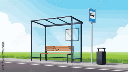 Vector landscape illustration of a modern bus stop shelter with a bench and sign on a sunny day with green grass and a blue sky.