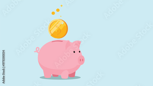 Cute pink piggy bank illustration with a large gold dollar coin being deposited into the top on a blue background for savings concepts.