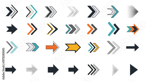 Massive collection of arrow icons in various styles, colors, and textures for user interface and navigation design in digital apps.