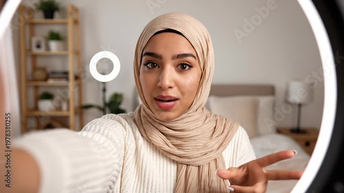 Young woman in hijab recording video blog with ring light