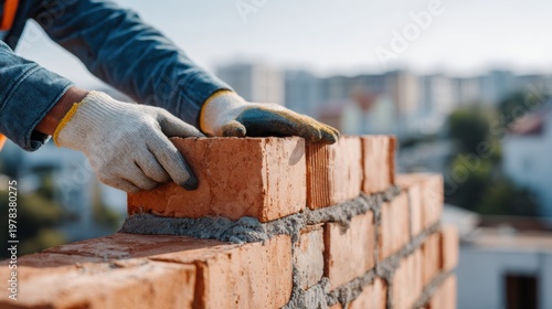 Construction worker in gloves laying bricks with mortar on a building site, cityscape visible in the background under a clear blue sky