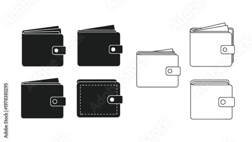 Collection of various leather wallet icons in both solid black and line art versions for financial design and e-commerce applications.