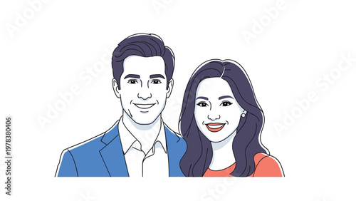 Cartoon illustration of a professional smiling man in a blue suit and a woman with long dark hair in a red top standing together.
