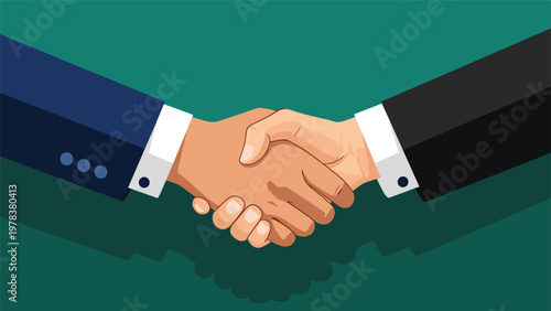 Close up view of two business people shaking hands over a dark green background symbolizing a successful agreement or partnership.