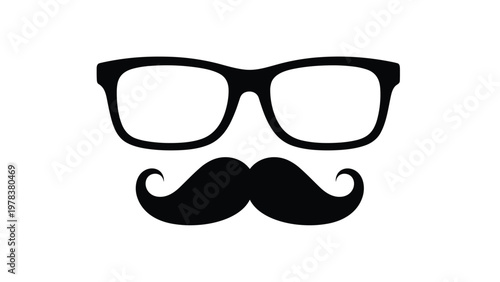 Iconic black silhouette of a pair of thick framed eyeglasses and a large curled mustache representing a hipster or gentleman style.