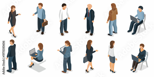 Isometric illustration depicting a diverse group of business people