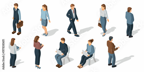 Isometric illustration depicting diverse business people in a modern setting