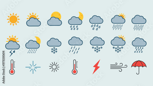 Large group of colorful weather forecast icons including various combinations of sun, moon, clouds, rain, snow, and wind for app design.