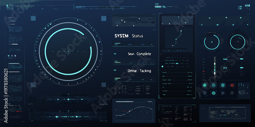 Futuristic user interface with glowing blue lines and digital displays