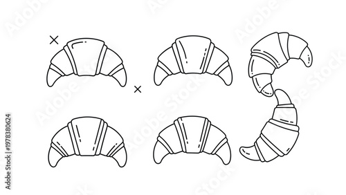 Set of black line art illustrations of croissants in different orientations and cross sections showing the flaky pastry layers for baking.