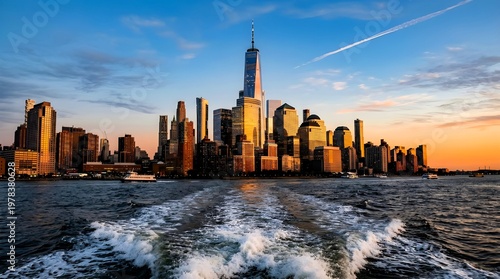 Lower Manhattan Skyline and One World Trade Center at Sunset from Hudson River