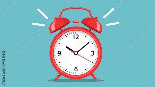 Bright red classic twin bell alarm clock ringing loudly against a light blue background indicating the start of a productive work day.