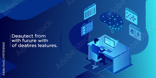 Man working at a desk with floating digital brain and data displays