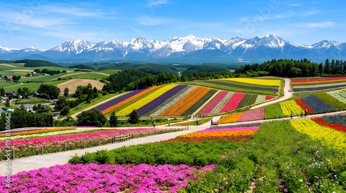 Vibrant rainbow flower fields in Hokkaido Japan with majestic snow capped mountains