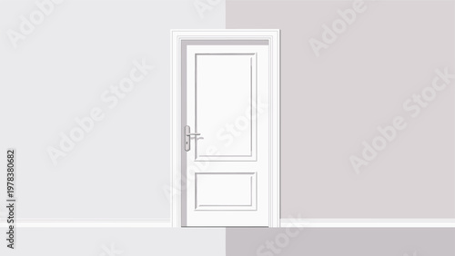 Simple white wooden interior door with a silver handle set in a plain gray wall dividing two different shades of neutral background.