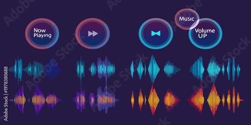 Colorful music player interface elements with waveform visualizations