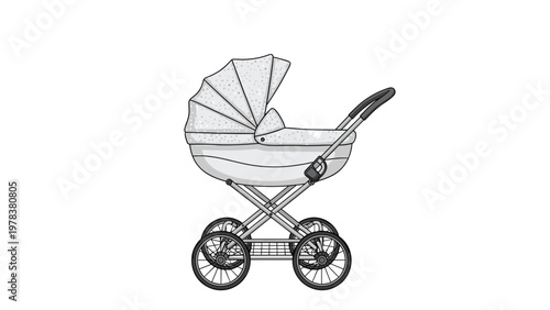 Side view of a classic white baby carriage or pram with a dotted pattern on the hood and large black spoked wheels for infants.