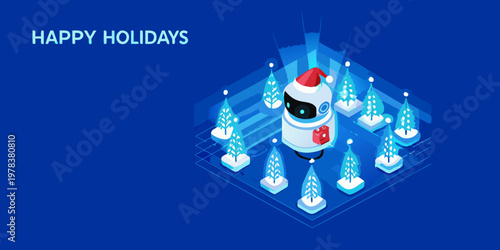 Isometric robot wearing a santa hat among stylized christmas trees