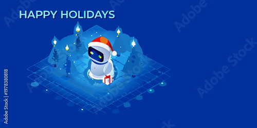 A robotic figure celebrates happy holidays amidst a digital winter landscape