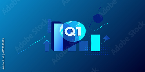 Abstract representation of q1 financial growth with bar graphs and shapes
