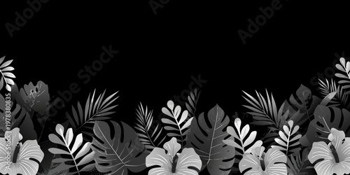 Tropical leaves and hibiscus flowers form a monochrome botanical border