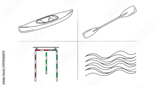 Kayaking Essentials: A visual guide presents the core equipment and elements of kayaking: a kayak, paddle, buoy gate, and water waves.