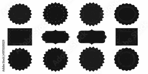 Collection of twelve ornate black frames and labels on white background