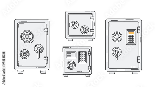 Set of four different heavy duty metal safes showing various locking mechanisms including dial, handle, and digital keypad locks.