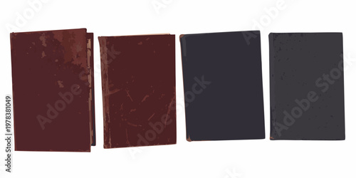 Four antique books stand upright displaying varying shades of red and black