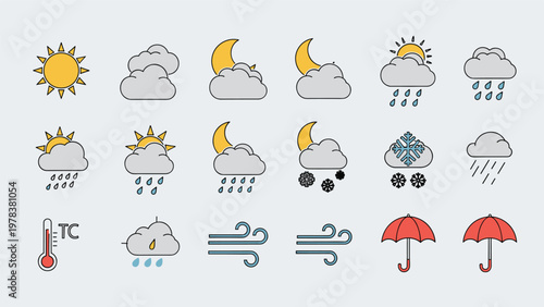 Comprehensive set of weather forecast icons featuring sun, moon, clouds, rain, snow, wind, and thermometer symbols for mobile apps.