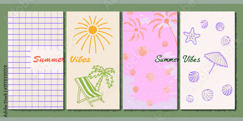Four colorful vertically oriented panels with summer themed illustrations
