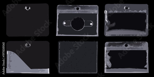 Six black plastic id card frames with various hole and slot configurations