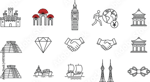 Global Travel, Landmarks, Business Agreement and Cultural Architecture Icon Set Featuring Castle, Taj Mahal, Big Ben, Pyramid, Ships, Towers and Handshake Symbols