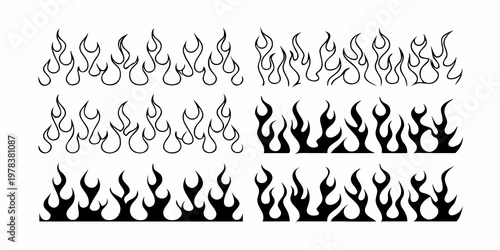 Collection of stylized black and white flame illustrations in rows