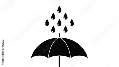 Black silhouette of an open umbrella protecting from falling rain drops representing safety, shelter, and insurance coverage concepts.