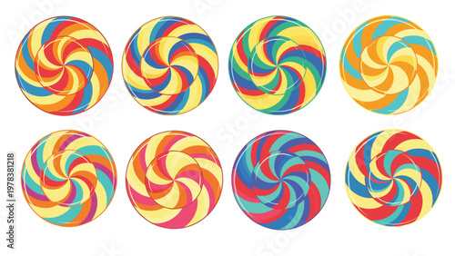 Eight colorful round lollipop swirl candies in various vibrant patterns and color combinations for sweets and confectionery themes.