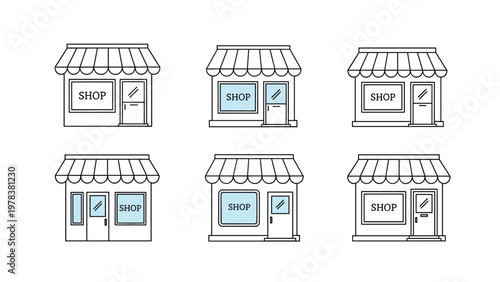 Set of six simple line art shop icons with blue windows and doors showing various storefront layouts for small business concepts.