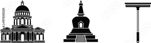 Historic Government Building, Temple Monument and Window Cleaning Squeegee Icon Set Representing Architecture, Culture and Household Maintenance Concepts