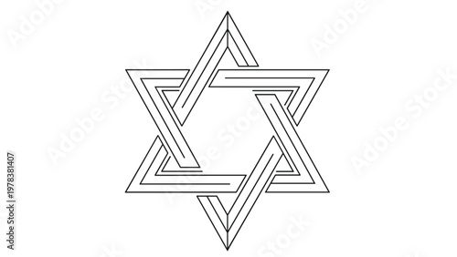 Geometric star of david symbol formed by interlocking black lines on a clean white background represents judaism and spirituality.