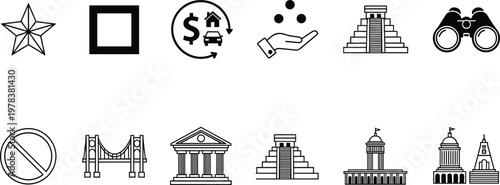 Landmark, Finance, Charity and Navigation Icon Set Featuring Star, Currency Exchange, Helping Hand, Pyramid, Bridge, Government Buildings and Binoculars Symbols