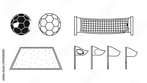 Sports Icon Set: This image features a collection of sports icon, soccer ball and flag for a graphical project. It is perfect for illustrating concepts related to sport, competition, and activity. 
