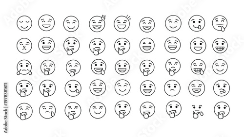 Comprehensive collection of fifty different hand drawn emoji icons expressing various human emotions and moods in line art.