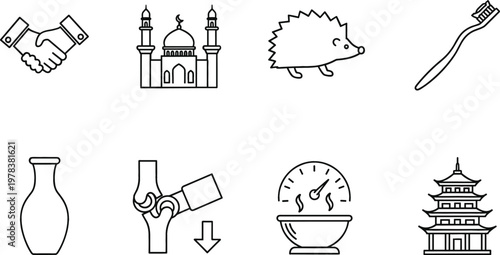 Handshake, Mosque, Hedgehog, Toothbrush, Vase, Medical Joint, Speedometer and Pagoda Icon Set for Healthcare, Culture and Lifestyle Concepts