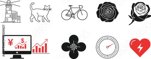 Lighthouse, Cat, Bicycle, Roses, Financial Analytics, Flower, Speedometer and Heart Pulse Icon Set for Nature, Health and Business Concepts
