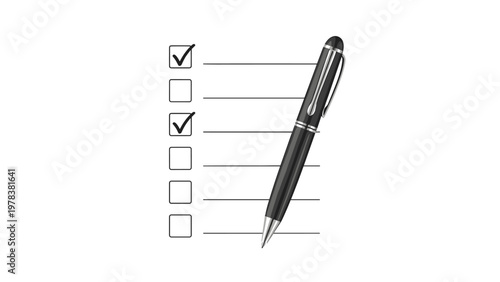Realistic black ballpoint pen placed next to a document with checkboxes and lines representing a completed survey or task list.