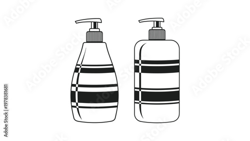 Pair of liquid soap or lotion pump bottles decorated with black geometric stripe patterns shown in a clean line art style.