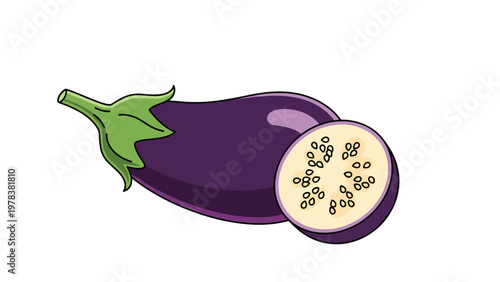 Ripe purple eggplant shown whole with its green stem alongside a single round slice displaying seeds for food concepts.