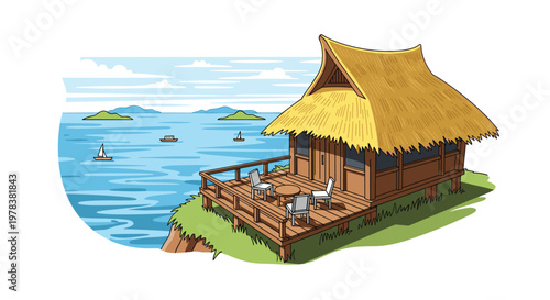 Wooden hut with a thatched roof stands on a cliffside deck overlooking the vast blue ocean with distant sailboats in a tropical and serene landscape.