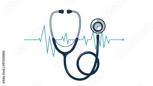 Medical stethoscope placed over a green heartbeat pulse line representing healthcare, diagnostics, and cardiac wellness.